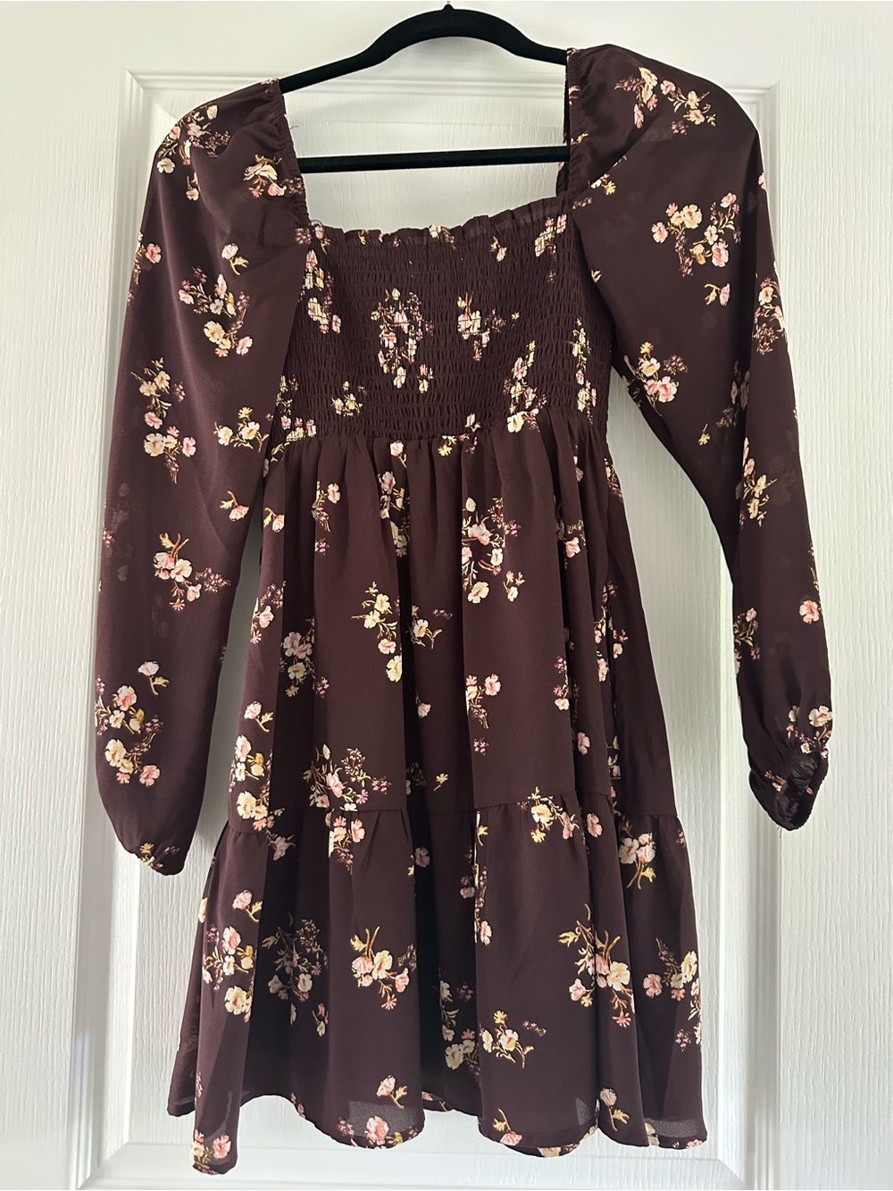 Abercrombie & Fitch Brown Floral Long Sleeve Smocked Mini Dress